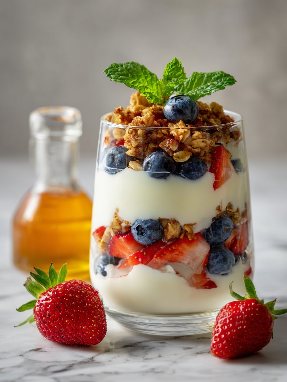 The glass cup holds a parfait with four visible layers: the bottom layer is creamy white yogurt, followed by a layer of mixed dark purple blueberries and red strawberries along with some brown granola pieces, then another thick layer of white yogurt, and finally the top layer filled with more granola, whole blueberries, chopped strawberries, and fresh green mint leaves. The glass is set against a white marbled texture surface, with part of a small amber bottle and a white bowl with strawberries visible nearby. Photo taken with an iphone --ar 2:3 --v 7