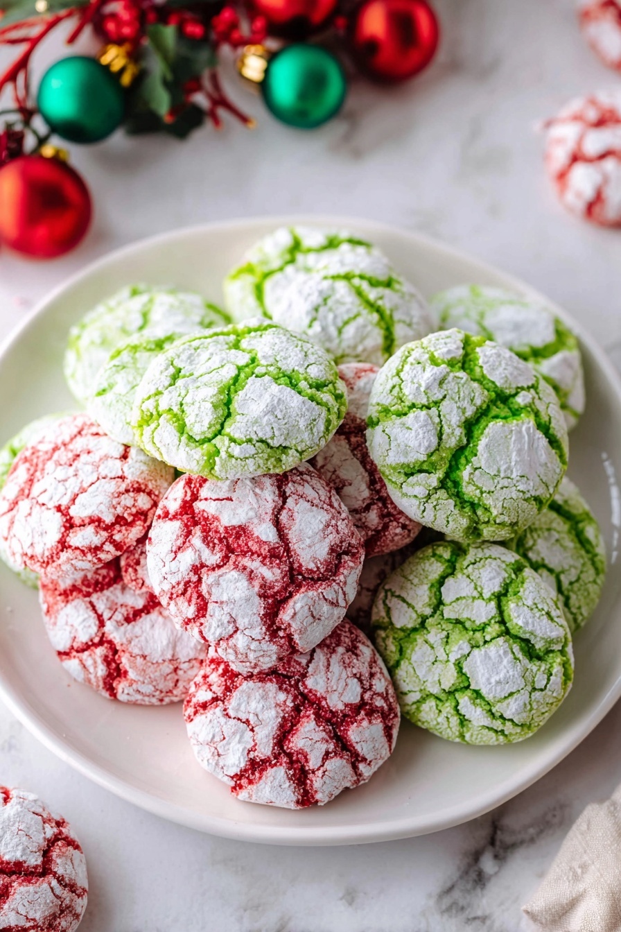 A white plate filled with two layers of round crinkle cookies, alternating in red and green colors. Each cookie is covered with a fine layer of white powdered sugar that cracks open, showing the vibrant color beneath. The cookies have a soft, slightly rough texture with cracks throughout their surface, creating a festive holiday look. The plate sits on a white marbled surface with some soft white fabric and small colorful glittery bells nearby. Photo taken with an iphone --ar 2:3 --v 7