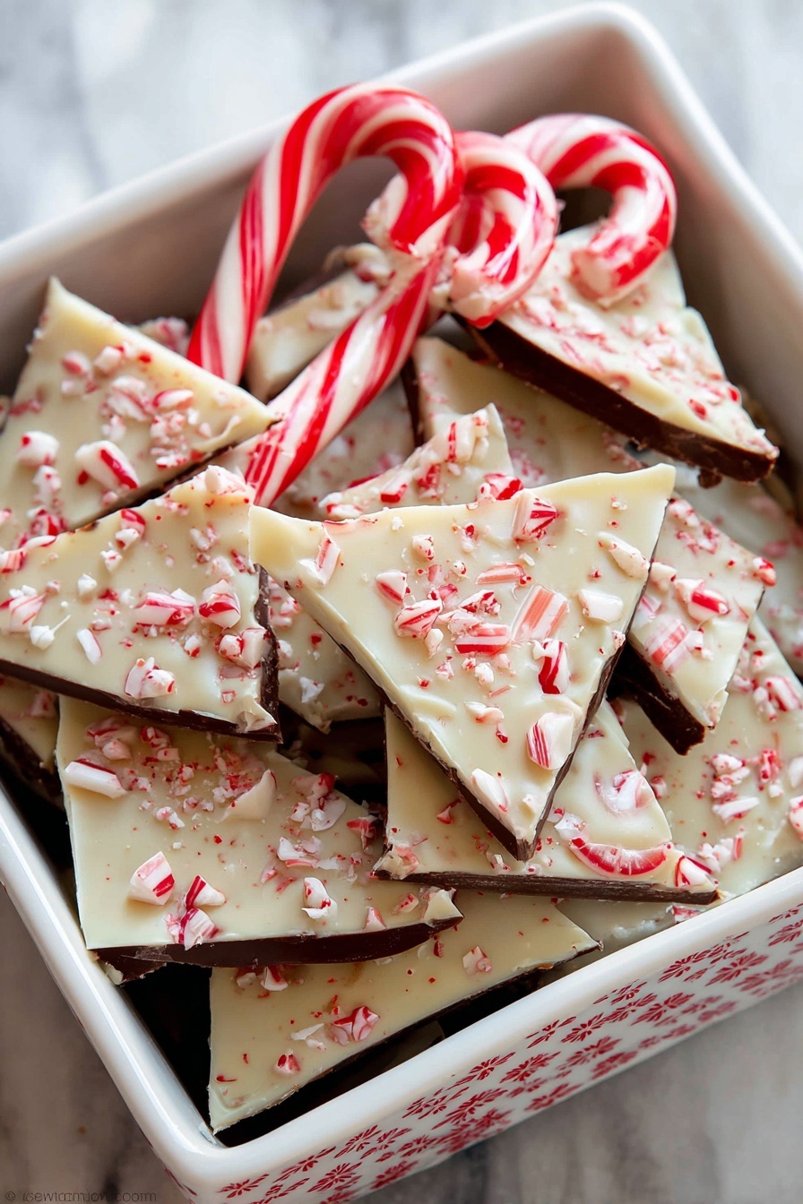The image shows a white square dish filled with many pieces of peppermint bark. Each piece has two layers: a smooth, dark brown bottom layer and a thick, creamy white top layer. The white top is sprinkled generously with crushed red and white peppermint candy pieces, adding texture and color. The pieces are cut into various shapes like squares and triangles, and a small whole cane candy rests among the pieces inside the dish. The dish is placed on a white marbled surface. photo taken with an iphone --ar 2:3 --v 7