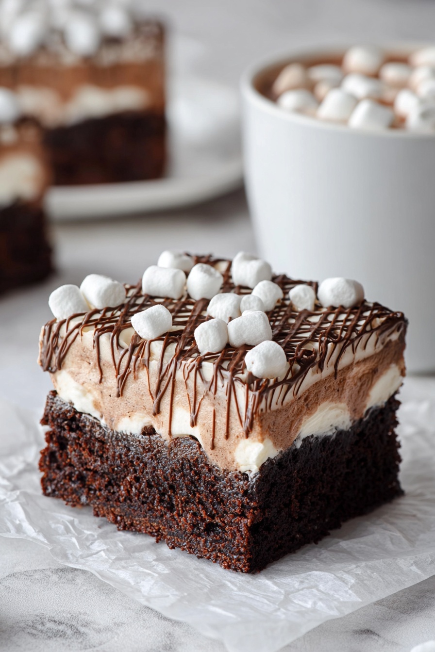 The image shows a rich chocolate cake square with three visible layers: a dense dark brown chocolate cake base, a middle layer of white marshmallow cream with melted chocolate mixed inside, and a top layer of smooth chocolate frosting drizzled with chocolate syrup in a grid pattern. Small white marshmallows are placed evenly on top of the cake. The cake sits on a piece of parchment paper atop a wooden board, with a white marbled surface underneath. A woman’s hand is not visible but nearby there are other pieces of the same cake and a fork with a wooden handle. photo taken with an iphone --ar 2:3 --v 7