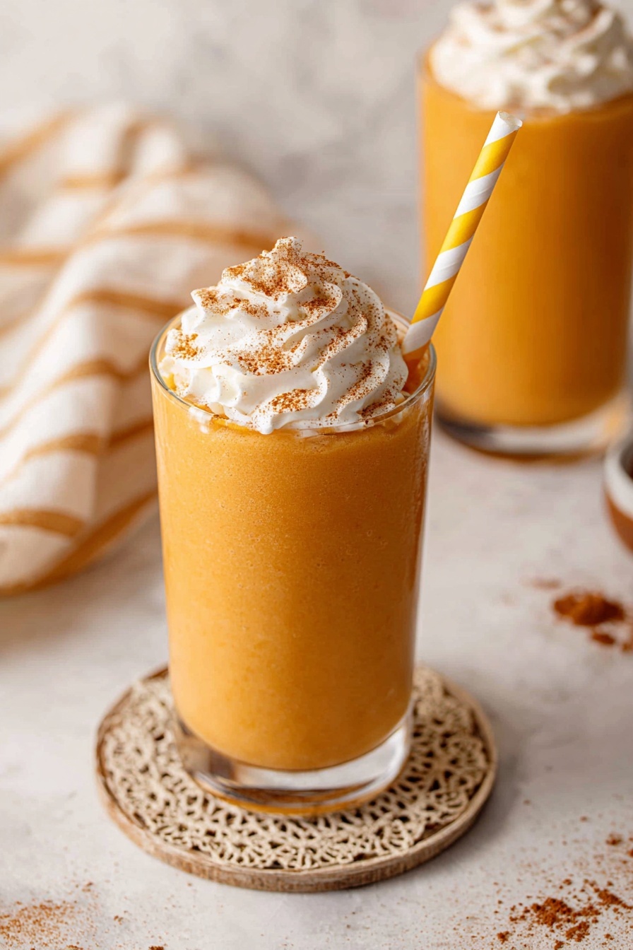 A clear glass filled with a smooth, thick pumpkin orange drink topped with a swirl of white whipped cream, sprinkled with brown cinnamon powder, and holding a white and yellow striped straw on the right side. The glass is placed on an intricate light brown round coaster, set on a white marbled surface with some cinnamon powder scattered nearby. In the background, two blurred glasses contain the same drink and whipped cream topping, and a beige striped cloth rests to the right. Photo taken with an iphone --ar 2:3 --v 7