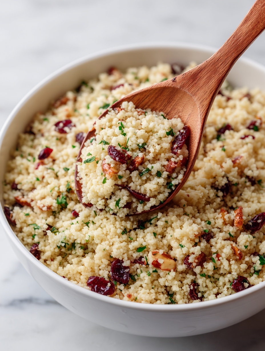 A white plate holds a fluffy mound of couscous mixed with small pieces of green onion, red cranberries, and chopped nuts. On top, a small green mint leaf adds a fresh touch. Beside the couscous is a silver fork partially visible on the right edge of the plate. In the background, a large white bowl filled with more couscous sits on a white marbled surface, with a white cloth slightly folded underneath. The scene is bright and warm, showing the texture of the couscous grains and colorful ingredients clearly. photo taken with an iphone --ar 2:3 --v 7