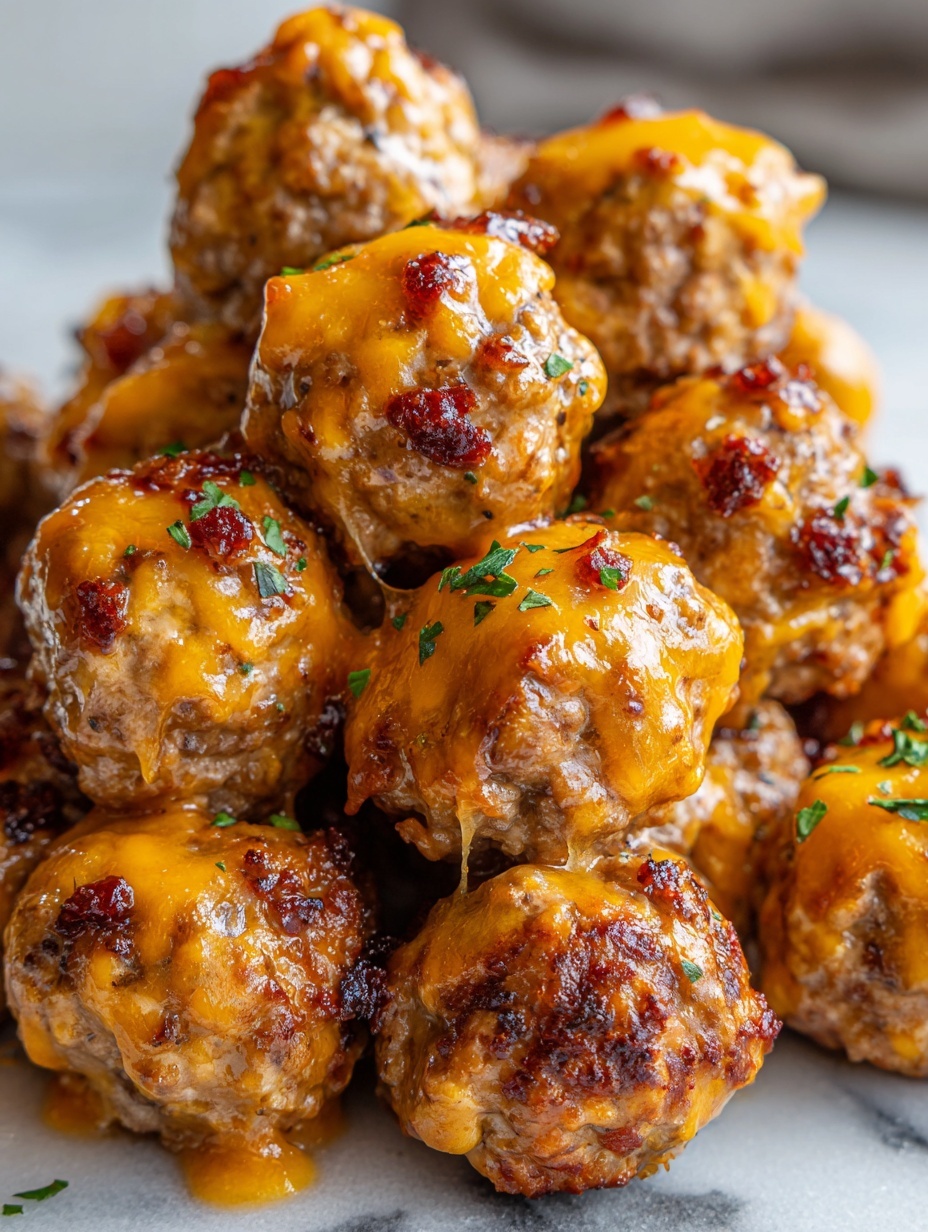 The image shows a close-up of several meatballs placed closely together, each topped with melted orange cheese that drapes slightly over the edges. The meatballs have a rough texture with golden-brown and light tan colors, indicating they are cooked. Sprinkled bits of green herbs add a fresh contrast on top of the cheese. The background shows a white marbled surface that complements the warm colors of the meatballs and cheese. The photo taken with an iphone --ar 2:3 --v 7
