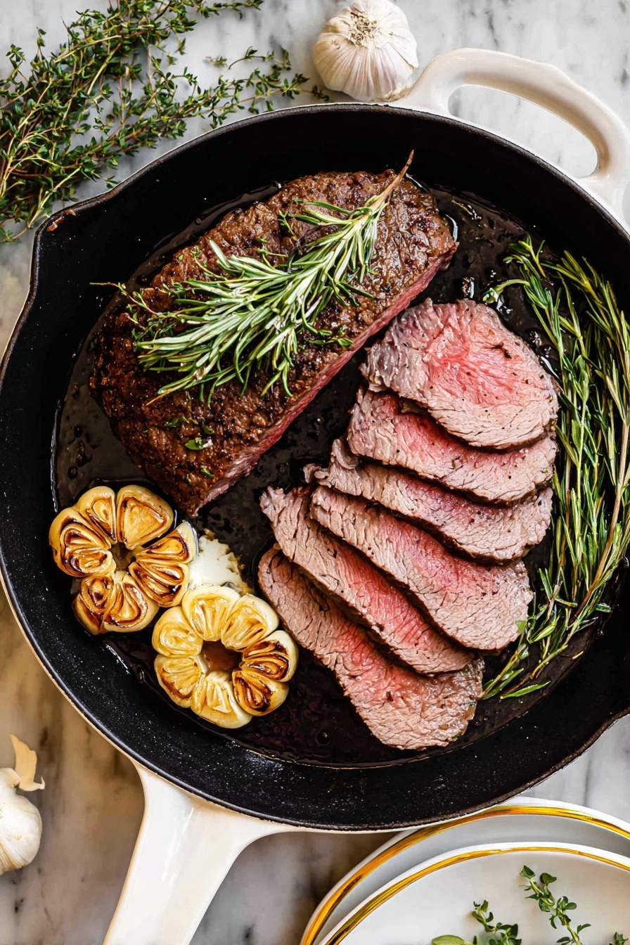 Three thick slices of pink, cooked beef with a brown crust are laid out on a white plate. Each slice has a smooth white sauce drizzled on top, slightly pooling on the edges. On the right side of the plate, there is a halved roasted garlic bulb showing segmented cloves in light golden brown. Fresh green sprigs of rosemary are placed near the garlic and on the left side of the plate. The plate is set on a white marbled surface. Photo taken with an iphone --ar 2:3 --v 7