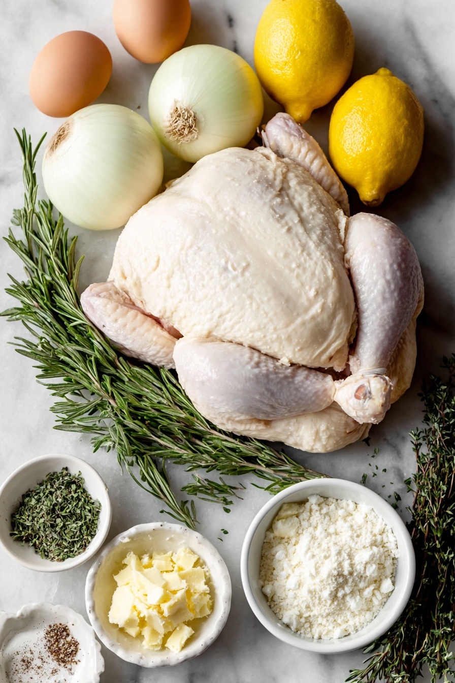 Flat lay of a whole fresh raw chicken with smooth skin, two medium yellow onions quartered, two large lemons quartered with bright yellow rinds, two heads of garlic cut in half crosswise revealing creamy cloves, five cloves of whole uncracked garlic, two sprigs of fresh rosemary with dark green needle-like leaves, two sprigs of fresh thyme with tiny green leaves, a few whole black peppercorns scattered, two teaspoons coarse kosher salt crystals, bright yellow lemon zest strands, and a small white ceramic bowl filled with melted golden unsalted butter, all arranged with perfect symmetry on a clean white marble surface, soft natural light, photo taken with an iPhone, professional food photography style, fresh ingredients, white ceramic bowls, no bottles, no duplicates, no utensils, no packaging --ar 2:3 --v 7 --p m7354615311229779997