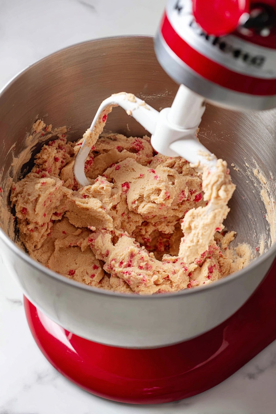 A close-up view of a metal mixing bowl attached to a red stand mixer containing thick, crumbly cookie dough with reddish chunks mixed throughout. The dough has a slightly rough texture and clumps in several large, irregular pieces inside the bowl. A white flat beater attachment dips into the dough from above, coated with more dough bits. The scene is set on a white marbled surface, showing some small dough bits stuck to the bowl sides. photo taken with an iphone --ar 2:3 --v 7