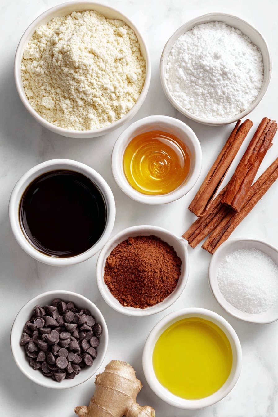 Flat lay of a small mound of pale beige almond flour, a modest heap of fine white coconut flour, a small white ceramic bowl filled with smooth amber almond butter, a small white bowl holding golden honey, another small white bowl containing dark, glossy molasses, a tiny white bowl with rich reddish-brown ground cinnamon, a similar bowl with light brown ground ginger, a tiny white bowl with fine white salt grains, and a small white bowl filled with shiny semi-sweet chocolate chips, all ingredients fresh and natural, perfectly arranged with balanced spacing and symmetry, placed on a clean white marble surface, soft natural light, photo taken with an iPhone, professional food photography style, fresh ingredients, white ceramic bowls, no bottles, no duplicates, no utensils, no packaging --ar 2:3 --v 7 --p m7354615311229779997
