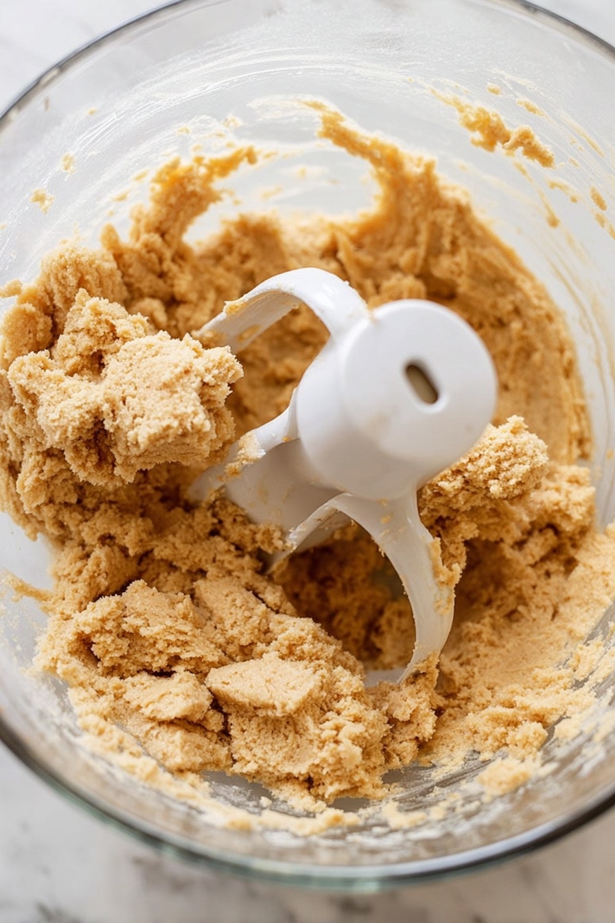 The image shows a clear glass bowl filled with rough, thick dough of light brown color, with a slightly grainy texture. Inside the bowl, a white mixing paddle attachment is partially covered by the dough, with some dough clinging to its flat surfaces and edges. The bowl rests on a white marbled countertop, with soft natural light highlighting the texture of the dough and the glossy surface of the bowl. photo taken with an iphone --ar 2:3 --v 7