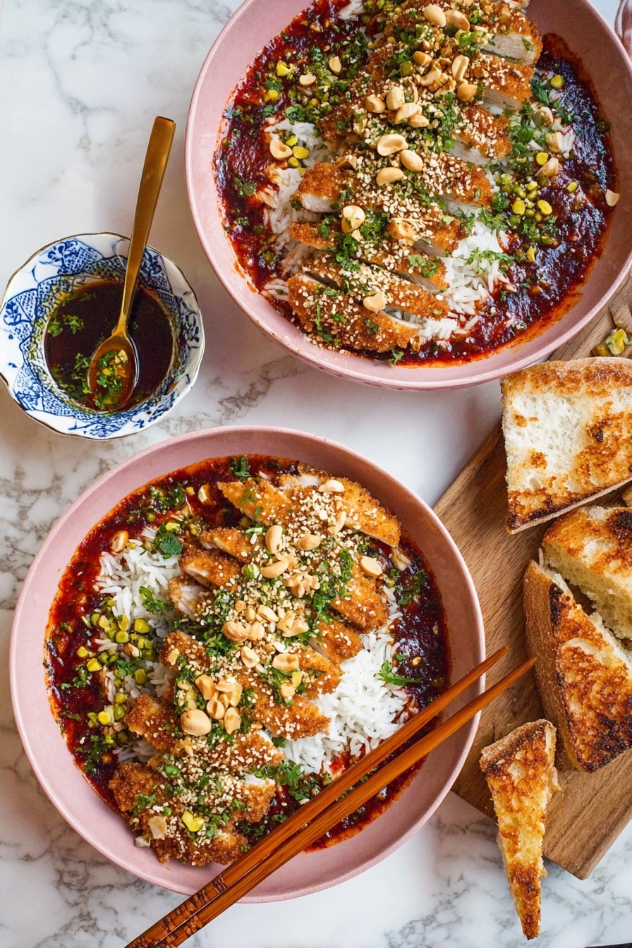 A pink plate on a white marbled surface holds a bed of white rice mixed with small green herbs and bits of yellow pineapple. On top, sliced crispy golden brown fried chicken is arranged in a row, the inside showing white meat. The chicken is covered with sauce, green herbs, sesame seeds, and chopped nuts. A woman's hand with red-painted nails is holding wooden chopsticks picking up a piece of chicken. Next to the plate, a small white bowl with blue patterns contains dark dipping sauce. White flowers and another dish are partly visible in the background. Photo taken with an iphone --ar 2:3 --v 7