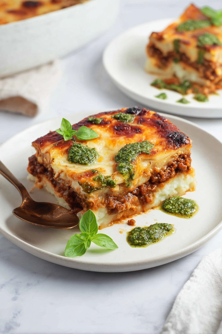 This image shows a square slice of lasagna on a white plate set on a white marbled surface. The lasagna has three visible layers: the bottom layer is a light creamy color with a soft texture, the middle layer is a dark brown ground meat sauce mixed with bits of tomato, and the top layer is a golden-brown baked cheese with some spots slightly browned. Green pesto sauce dotted on top adds a fresh touch, with some leaves scattered on the surface for garnish. A brass spoon rests on the left side of the plate with some lasagna on it, and there is another white plate with a smaller piece of lasagna blurred in the background. photo taken with an iphone --ar 2:3 --v 7
