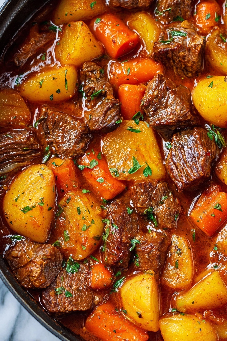 The image shows a close-up of a rich beef stew with chunky layers of brown beef pieces, bright yellow potato chunks, and thick orange carrot pieces all soaked in a glossy, deep reddish-brown sauce. The beef has a textured, browned surface, the potatoes are smooth and slightly shiny, and the carrots have a soft yet firm appearance. Scattered green thyme leaves add a fresh contrast on the top layer, while the sauce gently pools around the ingredients, enhancing their colors and textures. The dish is shown in a close frame with a white marbled background. Photo taken with an iphone --ar 2:3 --v 7