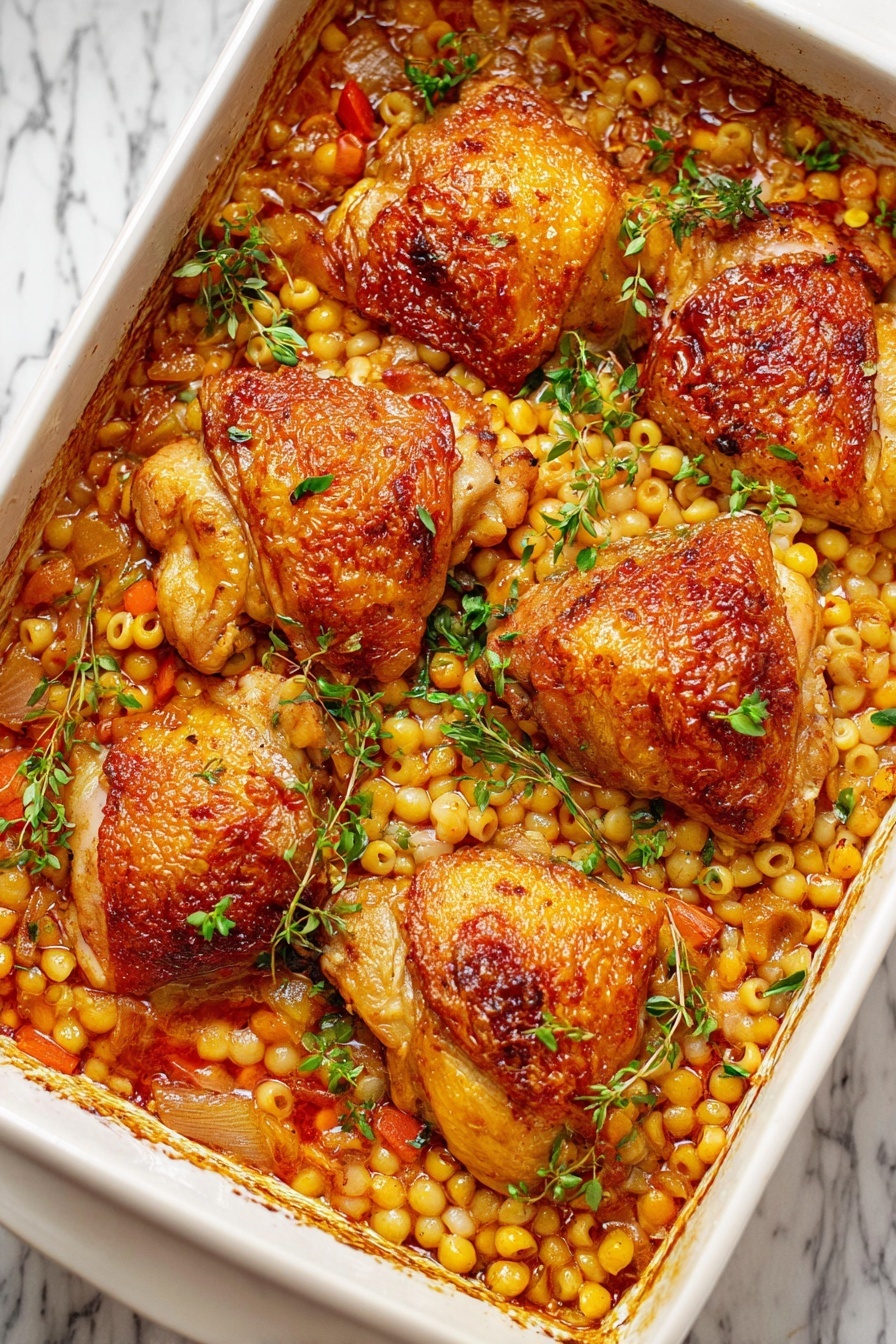 A white rectangular baking dish filled with a layer of small, round, orange couscous mixed with diced red and yellow peppers and small green herb pieces at the bottom; on top, six golden-brown roasted chicken thighs arranged close together with a crispy, slightly charred skin, sprinkled with fresh green herb strips that provide a fresh contrast to the warm colors below; the dish sits on a white marbled surface with a sprig of fresh herbs nearby. photo taken with an iphone --ar 2:3 --v 7