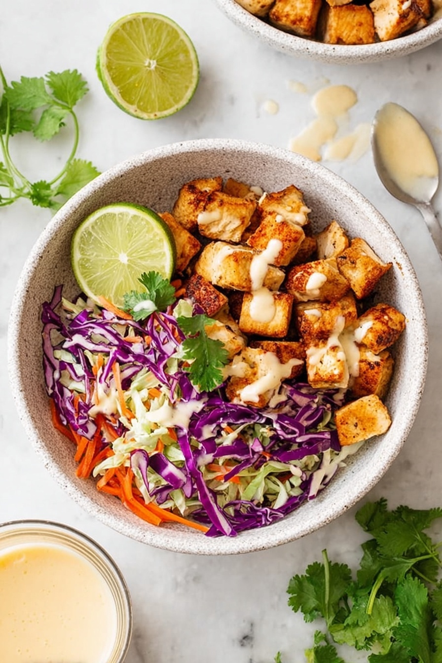 The dish is served in a round white speckled bowl placed on a white marbled surface. On the right side of the bowl, there are browned cubed pieces of seasoned chicken topped with light-colored sauce. On the left side, there is a fresh slaw mix of shredded purple and white cabbage with some thin orange carrot strips, garnished with a few cilantro leaves. A lime wedge is placed at the top left edge of the bowl. Small drops of light sauce are visible on the surface near the bowl. The texture of the chicken is slightly crispy with visible spice coatings, while the slaw looks crunchy and colorful. Photo taken with an iphone --ar 2:3 --v 7