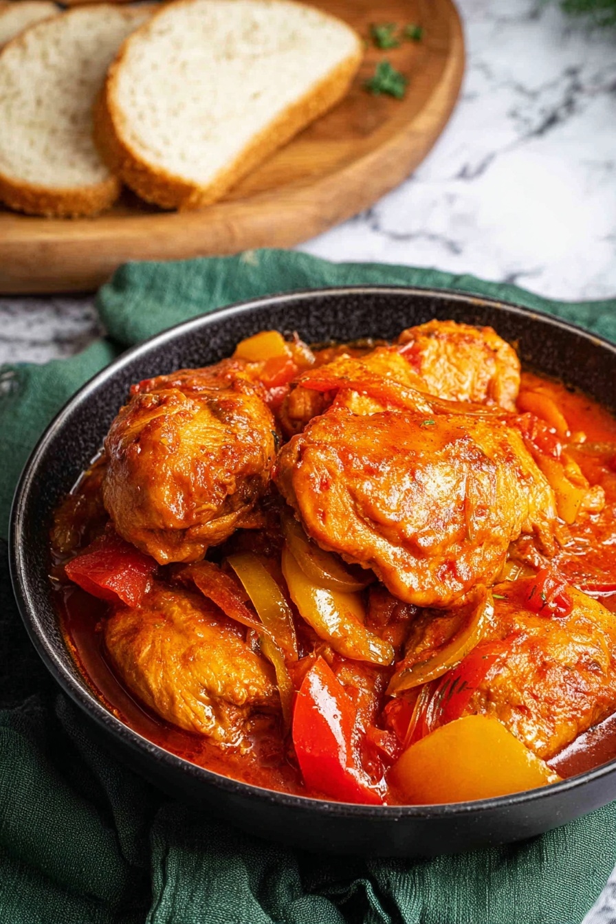 This image shows a black bowl full of cooked chicken pieces covered in a thick, orange-red sauce. There are visible layers of chicken drumsticks and thighs, soft chunks of red and yellow bell peppers mixed in the sauce. The sauce looks shiny and smooth, coating each piece. The bowl sits on a green cloth on a white marbled surface, and in the background, slices of white bread rest on a wooden board. Photo taken with an iphone --ar 2:3 --v 7