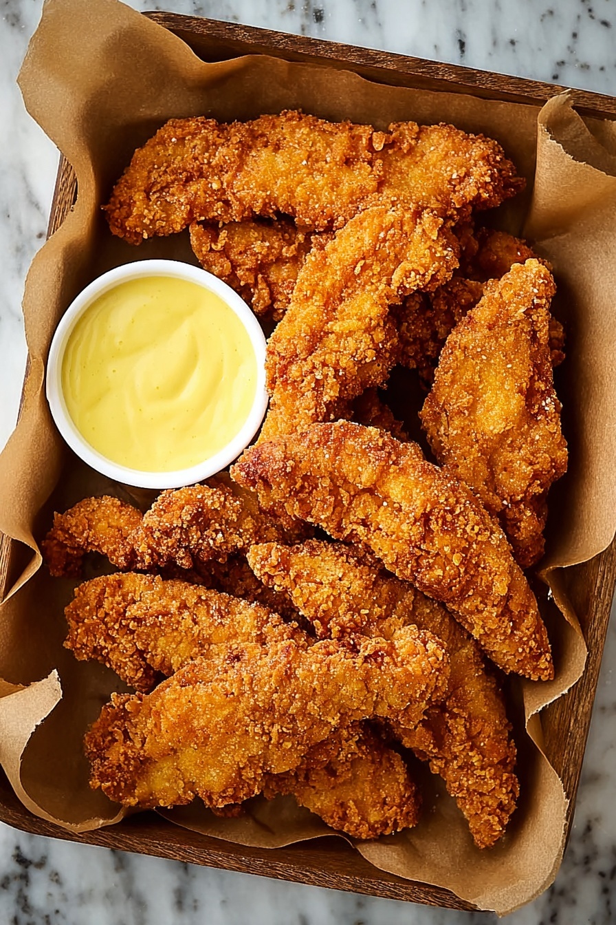 A metal tray lined with brown parchment paper holds ten golden-brown crispy fried chicken tenders, each with a rough, crunchy texture. The chicken pieces are uneven in size and layered closely together, filling the tray completely. In the top left corner of the tray, a small white ceramic bowl sits, filled with a smooth light yellow dipping sauce. The tray rests on a wooden surface with rustic texture. photo taken with an iphone --ar 2:3 --v 7