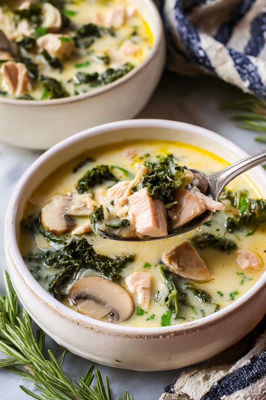 Two white bowls filled with a creamy soup, each showing layers of light green leafy kale, chunks of pale pink chicken pieces, thin beige mushroom slices, and light yellow broth. The soup has a smooth texture and is garnished with fresh green herbs. A silver spoon holds a scoop of soup above the front bowl, showing the mix of kale, chicken, and broth clearly. The bowls rest on a blue and white striped cloth, with a green rosemary sprig nearby, all set on a white marbled surface photo taken with an iphone --ar 2:3 --v 7