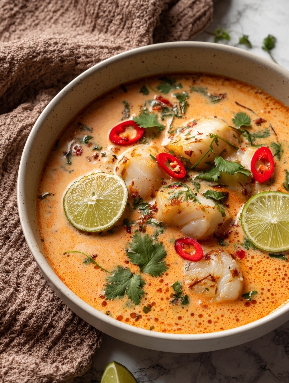 A white bowl filled with a creamy orange soup topped with bright green cilantro leaves scattered on the right side, several thin red chili slices placed near the cilantro, and pieces of light beige chicken and potato chunks spread throughout the soup. Two slices of fresh light green lime float on the left and bottom edges of the bowl, with small bits of chopped green onions mixed in. The bowl sits on a white marbled surface with a textured mustard yellow cloth nearby. photo taken with an iphone --ar 2:3 --v 7