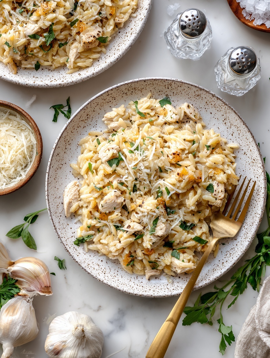 A close-up view of a plate filled with orzo pasta mixed with small pieces of cooked chicken, soft onion slices, and sprinkled with fresh green herbs and grated white cheese on top. The pasta is a light golden color, and the chicken appears tender with a pale beige tone. The dish sits on a white plate with a subtle gray rim design, placed on a white marbled surface. Beside the plate, there is a gold fork resting partly inside the pasta. In the background, another similar plate of the same pasta dish is partially visible, along with a small white bowl filled with shredded white cheese, a garlic bulb, two small glass salt and pepper shakers, and some fresh herbs scattered around. Photo taken with an iphone --ar 2:3 --v 7