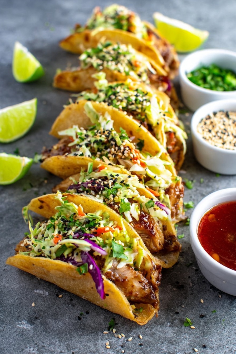 The image shows a row of six small tacos arranged diagonally on a white marbled surface. Each taco has three layers: the crispy golden-brown taco shell with bubbles on it forms the base, inside there are pieces of cooked chicken with a glossy texture, and on top is a colorful mix of shredded green lettuce, purple cabbage, and orange carrots, sprinkled with sesame seeds and chopped green herbs. At the end of the row, a white round bowl filled with bright red dipping sauce sits on the white marbled surface. A woman's hand with bright purple nails is holding one taco, dipping it into the sauce. There are two lemon wedges and two small white bowls with sesame seeds and chopped green herbs in the background. The scene is bright and fresh with a clean look. photo taken with an iphone --ar 2:3 --v 7