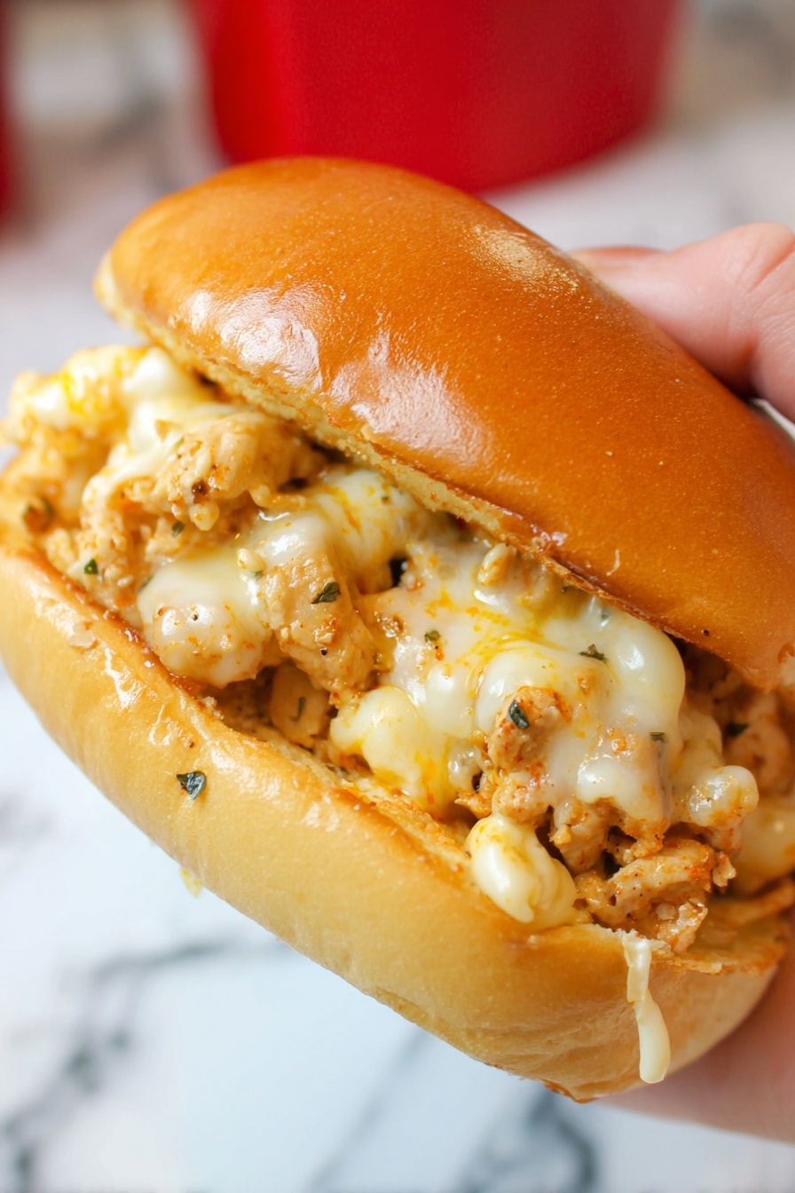 A close-up shot of a sandwich held by a woman's hand, showing a soft, golden-brown bun with a smooth, shiny top layer. Inside, there are two visible layers of creamy melted cheese in orange and white colors that mix with chunks of light golden cooked filling, which has small black seasoning specks and a moist, slightly textured look. The filling is piled thick and slightly spilling from the sides of the bun. The background is a white marbled texture. photo taken with an iphone --ar 2:3 --v 7