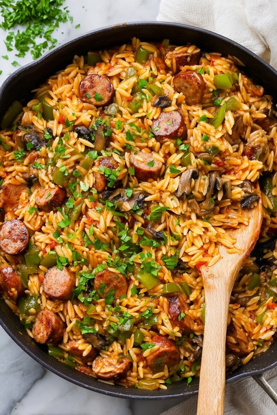 A white plate filled with a colorful mix of orzo pasta, sliced sausage, and chopped vegetables. The orzo is light golden and shiny, mixed with pieces of green bell pepper, small red tomato chunks, and mushrooms scattered throughout. The sausage slices are round, light brown with a slightly glossy surface, and are spread evenly on top. Fresh green herbs are sprinkled on the side and over the dish for a fresh look. The plate sits on a white marbled surface with a small bowl of chopped green herbs nearby. Photo taken with an iphone --ar 2:3 --v 7