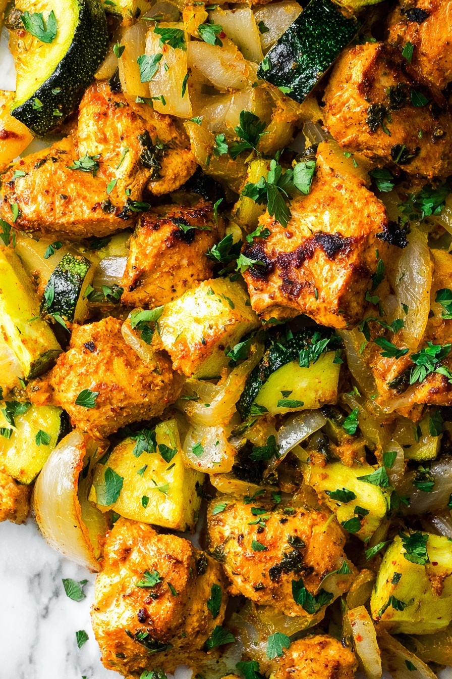 A white bowl sits on a white marbled surface, filled with two layers. The bottom layer is light yellow cooked rice with some green herb leaves mixed in. On top is a mix of golden-brown cooked chicken pieces and small chunks of cooked zucchini and onion, sprinkled with reddish seasoning and fresh green herbs. A detailed silver fork rests inside the bowl on the left side. Photo taken with an iphone --ar 2:3 --v 7