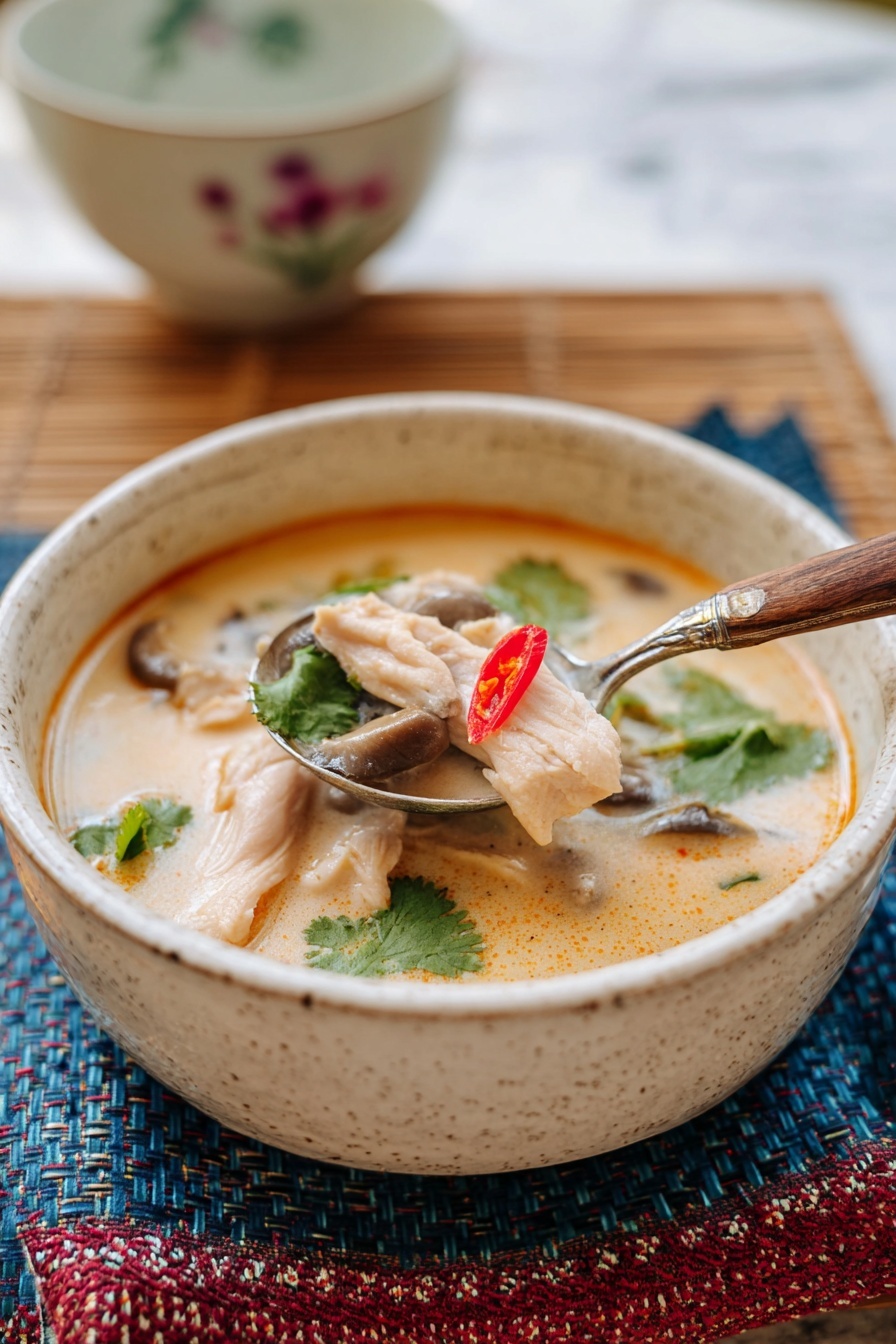 The image shows a white ceramic bowl filled with creamy yellow soup that has pieces of light brown chicken, sliced mushrooms, and fresh green cilantro leaves floating on top. A whole red chili pepper lies in the soup near the center. A silver spoon with a wooden handle holds a scoop of chicken and mushrooms, lifted above the bowl. The bowl sits on a woven red and turquoise cloth, and the background is a white marbled surface. Behind the bowl, there is a white serving dish with similar soup, slightly out of focus. The photo taken with an iphone --ar 2:3 --v 7