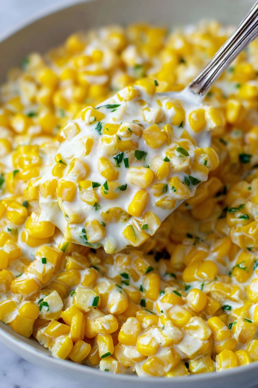 The image shows a close-up of bright yellow corn kernels mixed with a creamy white sauce, which gives a thick, smooth texture. Small green herbs are scattered throughout, adding a fresh touch of color. The dish is scooped up by a metal spoon that is partially visible on the right. The background shows more of the same creamy corn mixture on a white marbled surface. photo taken with an iphone --ar 2:3 --v 7