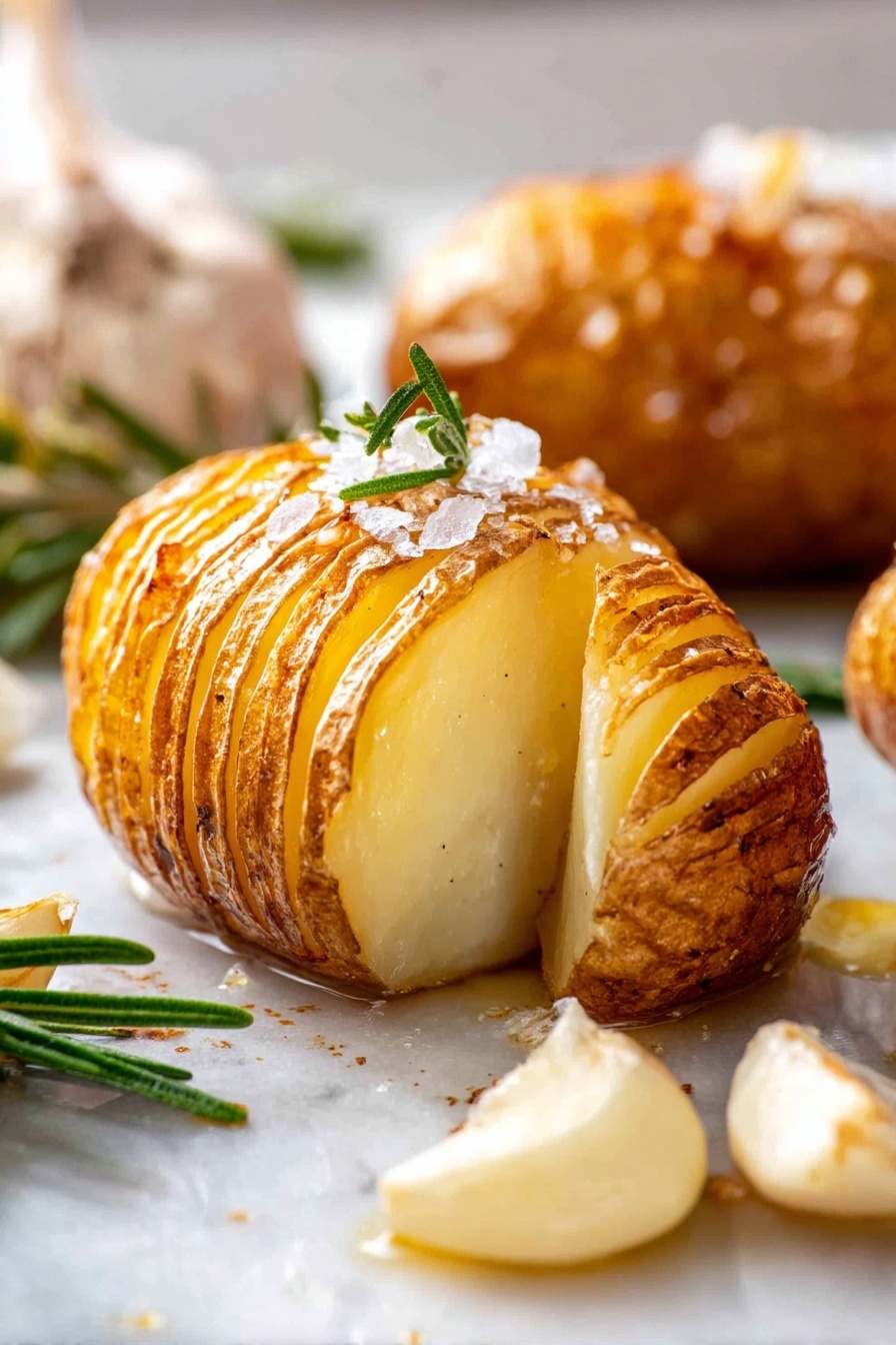 The image shows a close-up of a golden-brown roasted potato with thin, even slices all along its curved surface, revealing a soft, smooth yellow inside. The potato is topped with small crystals of sea salt and fresh green rosemary sprigs scattered on and around it. The potato rests on a white marbled surface, with some garlic cloves and additional rosemary pieces nearby. The lighting highlights the glossy, slightly oily texture on the potato's surface, giving it a warm and appetizing look. photo taken with an iphone --ar 2:3 --v 7