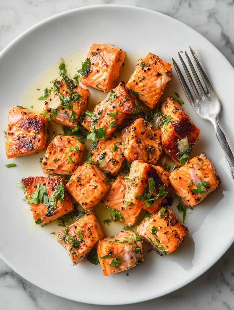 This image shows a white plate filled with about twenty small pieces of cooked salmon. The salmon pieces are orange with light seared marks and a slightly shiny, moist texture. Small green herb bits are sprinkled over the salmon. A silver fork rests on the plate touching some salmon at the top left. The plate is on a white marbled surface with a white cloth partially visible at the bottom left. photo taken with an iphone --ar 2:3 --v 7