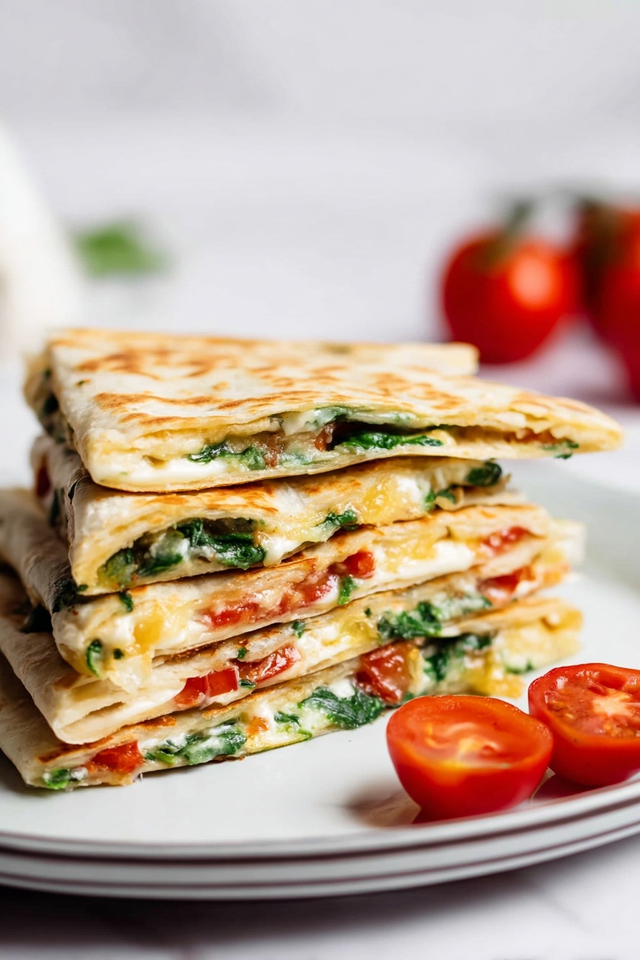 A stack of four folded quesadilla slices is placed on a white plate with a thin dark rim, set on a white marbled surface. Each slice shows layers of a light golden toasted tortilla filled with a mix of melted white cheese, green spinach leaves, and small red tomato pieces. The quesadilla has a slightly crispy texture on the outside. To the right of the stack, there are two small red cherry tomatoes, one whole and one cut in half showing its juicy inside. A blurred white bowl with red sauce is visible in the background. photo taken with an iphone --ar 2:3 --v 7