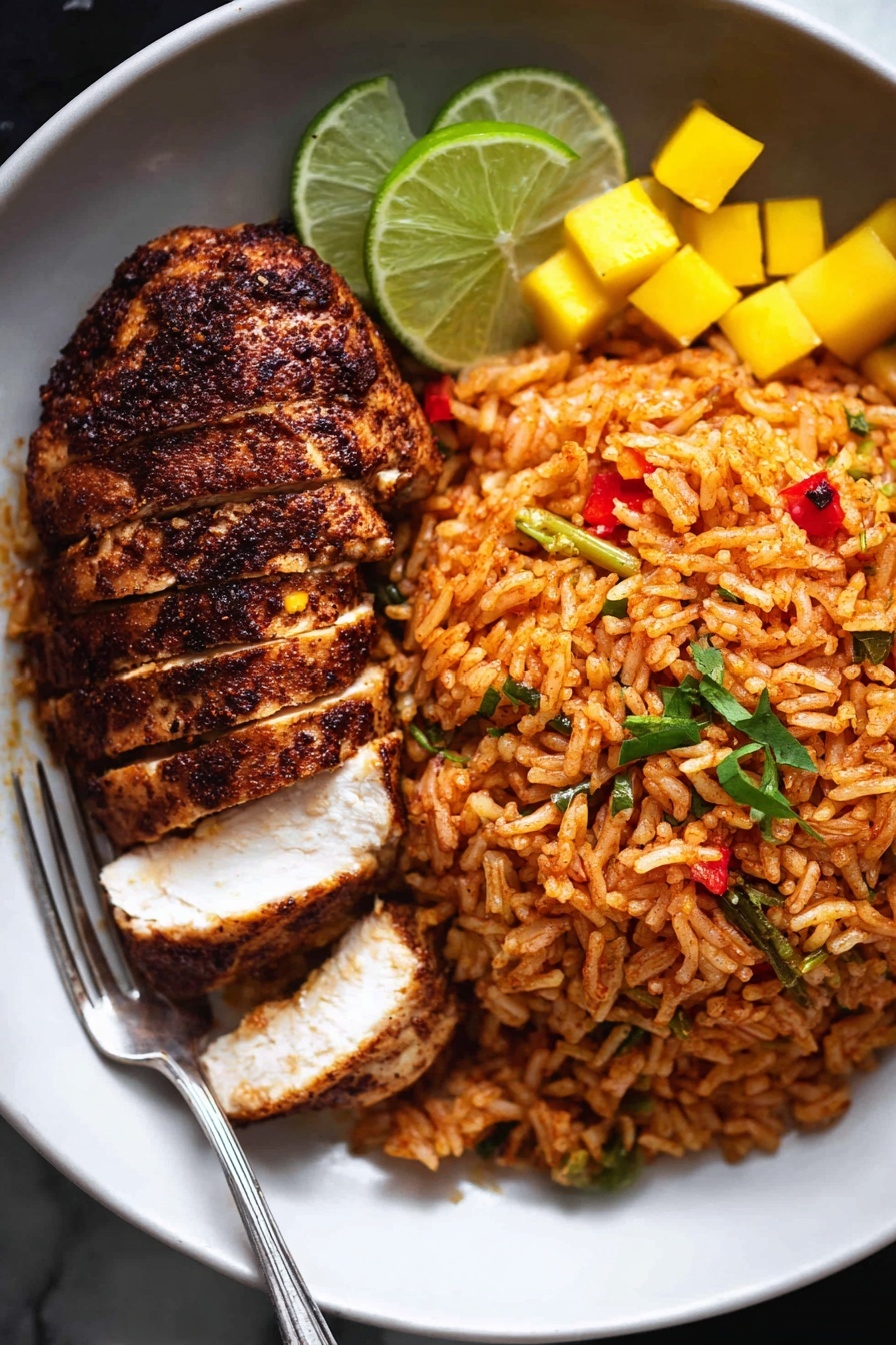 A black bowl filled with two main layers: on the right side, a large amount of orange-brown seasoned rice mixed with small red bits and green herbs, and on the left side, a thick, dark brown grilled chicken with a slightly charred texture, sliced to show the white inside. The chicken is placed over some rice. Near the chicken, small yellow cubes of mango and a slice of lime with green herbs on top add fresh color. A fork is resting on the bottom edge of the bowl. The background is a white marbled texture photo taken with an iphone --ar 2:3 --v 7