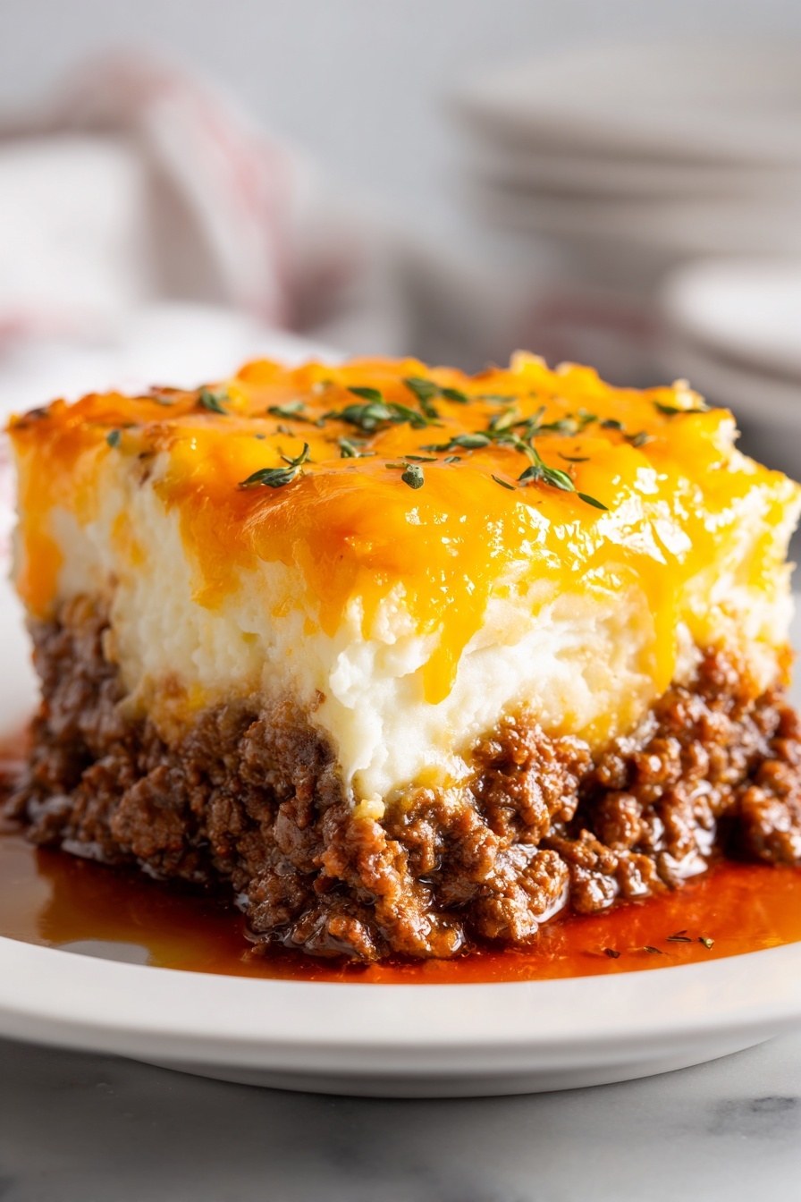 A square slice of a layered dish sits on a white plate with a white marbled surface underneath, showing three clear layers: a bottom layer of cooked ground meat with a slightly crumbly texture in light brown, a middle layer of smooth, white mashed potatoes, and a top layer of melted golden-yellow cheese with browned spots and a shiny glaze. A small bunch of fresh green thyme is placed on top. In the background, more mashed potatoes are visible with a metal fork resting on the plate. The photo taken with an iphone --ar 2:3 --v 7