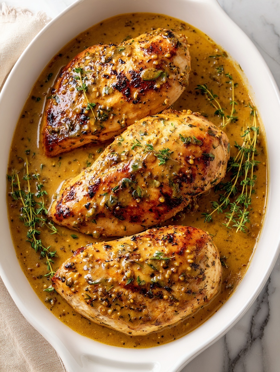 A white plate on a white marbled surface holds four thick slices of cooked chicken arranged in a row, each piece covered in a shiny, golden-brown glaze with visible small black pepper flakes and herbs on top. The front slice is slightly separated, showing the tender, moist pale pink inside. There are two green onion stalks placed on the left side of the plate, and in the background, a white bowl and a piece of bread are partially visible but out of focus. A silver fork lies near the right edge of the plate. Photo taken with an iphone --ar 2:3 --v 7