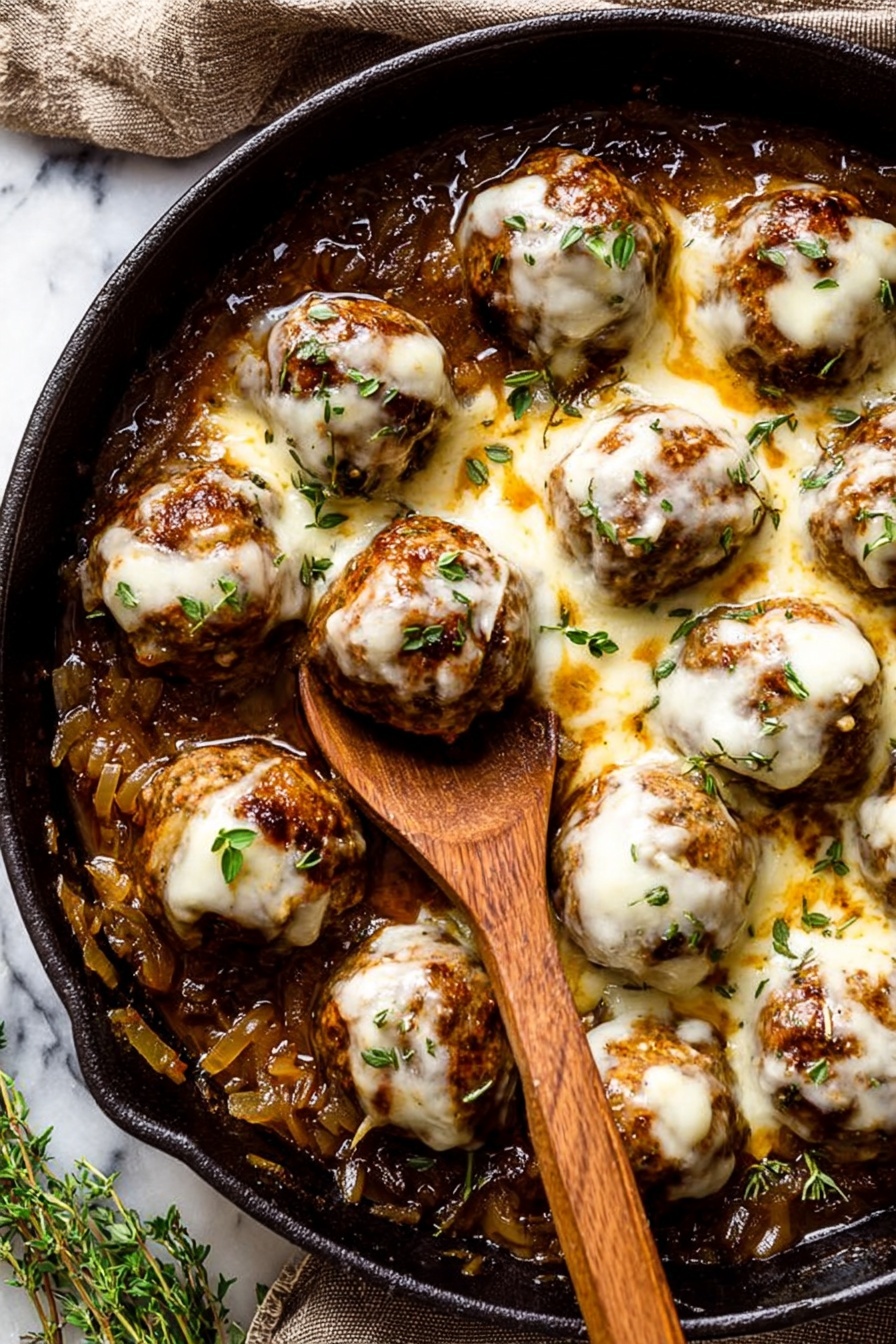 The dish shows a black cast iron pan filled with meatballs covered in melted white cheese. The meatballs are brown and have a slightly crispy texture. Underneath and around the meatballs, there is a layer of cooked onions which are golden brown and soft, mixed with a thick brown sauce. Small green herb leaves are sprinkled on top of the cheese and sauce, adding a fresh look. A wooden spoon is scooping one meatball, showing the texture and layers of cheese, meatball, onions, and sauce. The pan sits on a white marbled surface with a piece of beige cloth nearby. Photo taken with an iphone --ar 2:3 --v 7