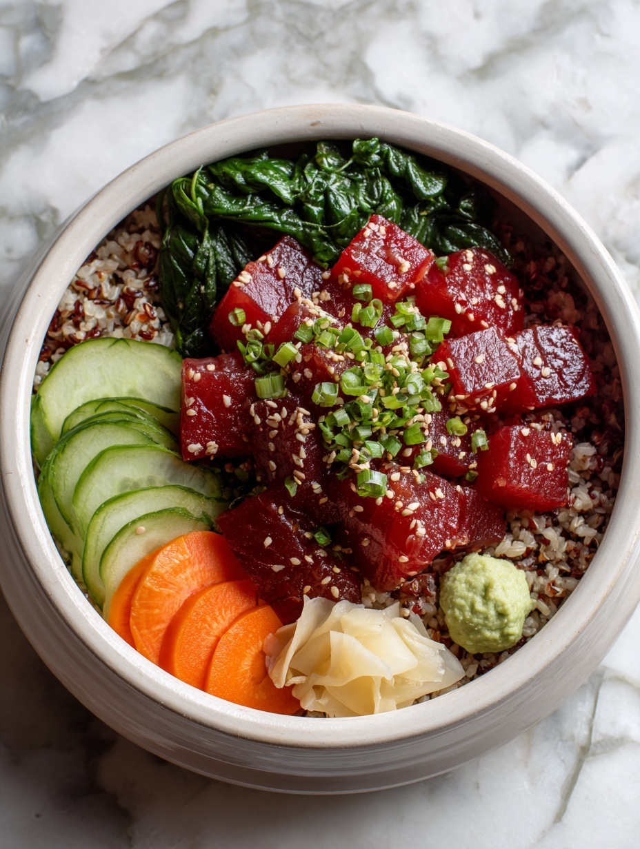 This dish is a poke bowl served in a white bowl. The bottom layer is a mix of brown and wild rice. On top of the rice, there are fresh green spinach leaves around the edges. Centered on the rice is a pile of red, cubed raw fish sprinkled with white sesame seeds and small green onion slices. To one side, there are thin cucumber slices and a small piece of light green wasabi. On another side, pale yellow pickled ginger is placed near the rice. Thin orange carrot strips are placed among the spinach leaves. The texture of the fish looks smooth and slightly shiny, and the green onion rings add a fresh contrast on top. The bowl is set against a white marbled surface. photo taken with an iphone --ar 2:3 --v 7
