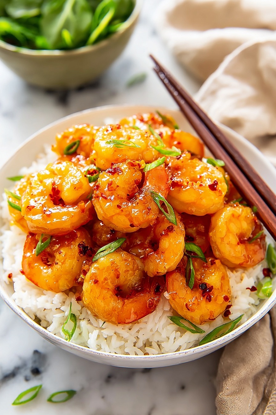 A white bowl filled mostly with white rice on the bottom layer, showing soft and fluffy grains. On top is a thick layer of bright orange shrimp coated in a shiny sauce with small bits of red chili flakes, giving a sticky texture. Scattered on the shrimp are small, fresh green onion slices for a touch of color. The bowl sits on a white marbled surface, with brown wooden chopsticks resting on the right edge of the bowl. photo taken with an iphone --ar 2:3 --v 7