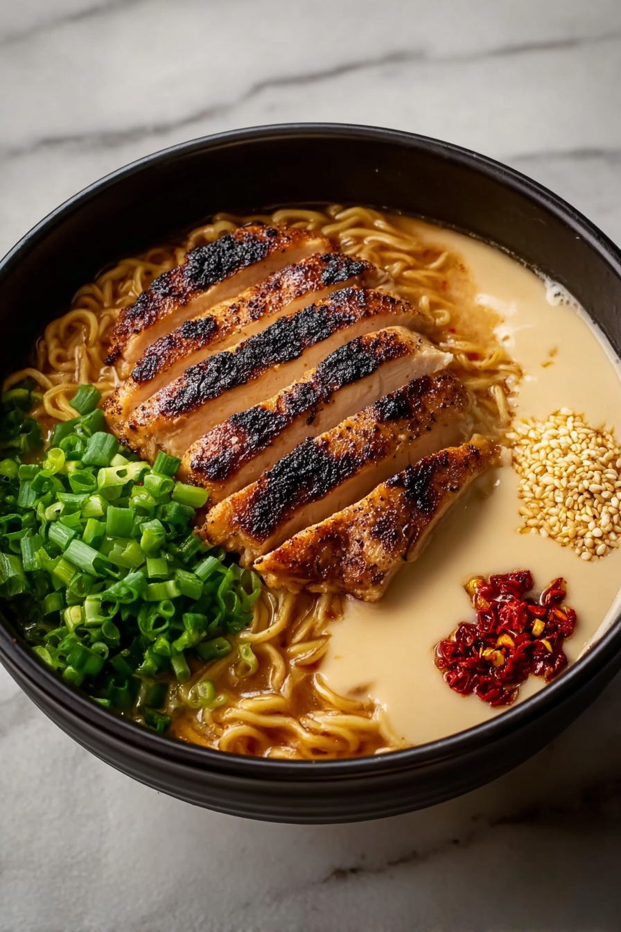 A black bowl filled with wavy light brown noodles at the bottom, topped with five pieces of grilled meat with char marks, placed diagonally in the center. On the left side, there is a layer of chopped green onions, bright green in color. On the right side, a creamy beige sauce with a smooth but slightly chunky texture, next to a small pile of red chili flakes and some light brown sesame seeds. The bowl sits on a white marbled surface. Steam rises softly from the bowl. photo taken with an iphone --ar 2:3 --v 7