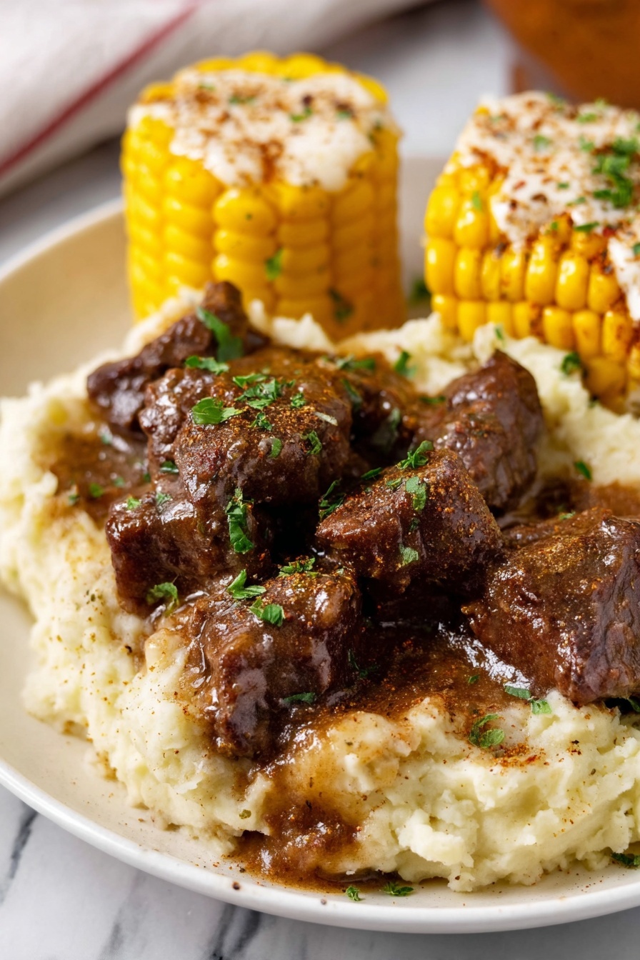 The dish shows a white plate with three main layers: the bottom layer is creamy, white mashed potatoes with a soft and smooth texture; on top of it sits a thick layer of dark brown beef stew chunks covered in rich, glossy brown gravy with visible herbs sprinkled over; next to this is a bright yellow corn on the cob with specks of green herbs and white sauce drizzled over it; the plate is garnished with a few green leafy herbs, and the setting includes a white marbled surface with a floral cloth on the side; a woman's hand is holding the plate from the bottom left corner. photo taken with an iphone --ar 2:3 --v 7