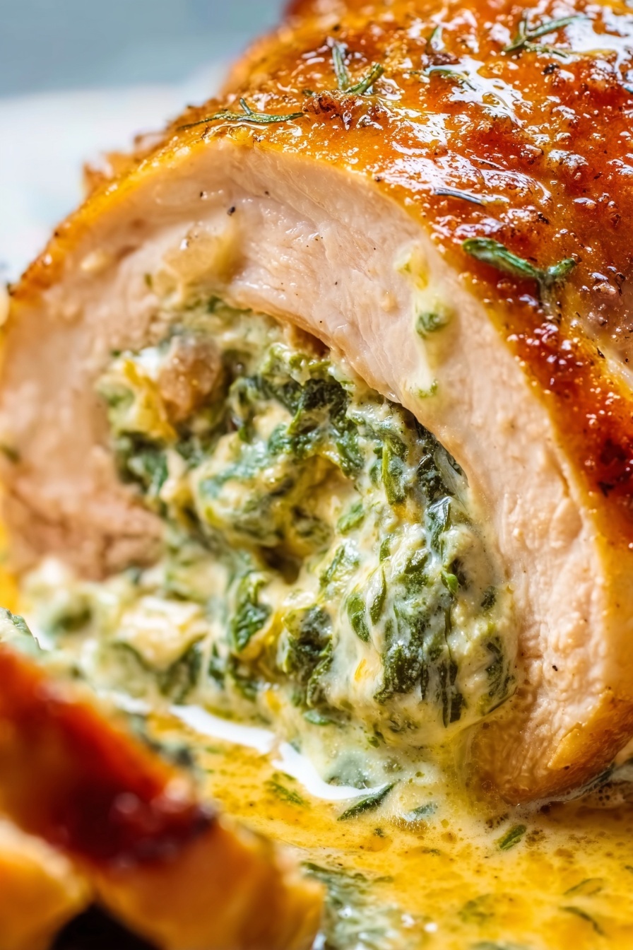 The image shows a close-up of a cooked chicken breast stuffed with creamy spinach and cheese. The chicken has a golden-brown, seasoned skin that looks juicy and slightly glossy from cooking juices. The creamy filling with bright green spinach leaves peeks out from a slit in the middle of the chicken. The chicken rests in a shallow pool of browned juices, adding a rich, moist texture to the dish. The background has a soft, white marbled look. Photo taken with an iphone --ar 2:3 --v 7