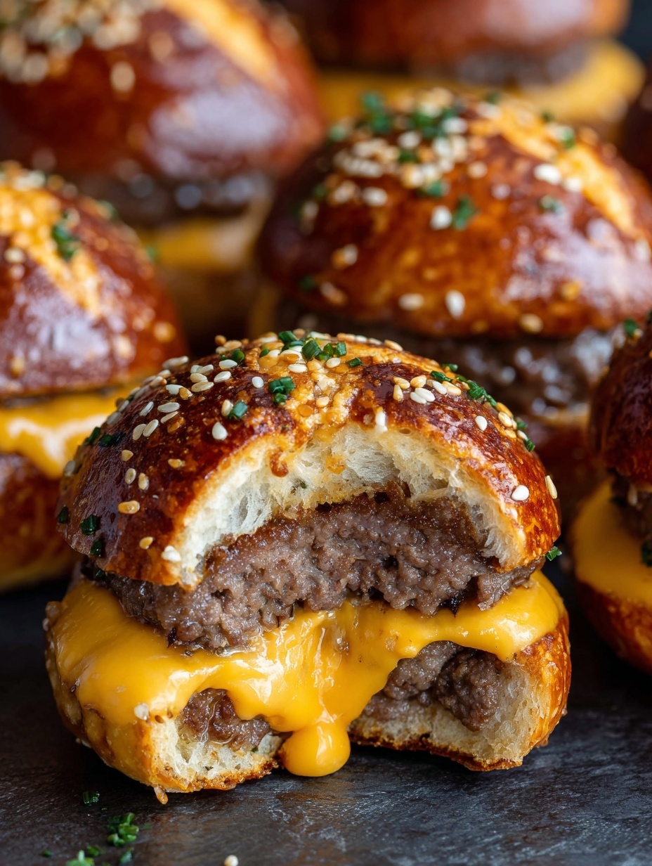 The image shows small slider burgers with shiny, golden brown tops sprinkled with white sesame seeds and small green herb bits. Each burger has three noticeable layers: a soft, shiny bun on top with sesame seeds and herbs, a melted bright yellow cheese layer in the middle flowing over a brown cooked meat layer, and a light beige bottom bun holding everything together. One burger in the center is open-faced, showing the inside with melted cheese dripping around the cooked meat. The sliders are placed close together on a white round plate on a white marbled textured surface. The photo taken with an iphone --ar 2:3 --v 7