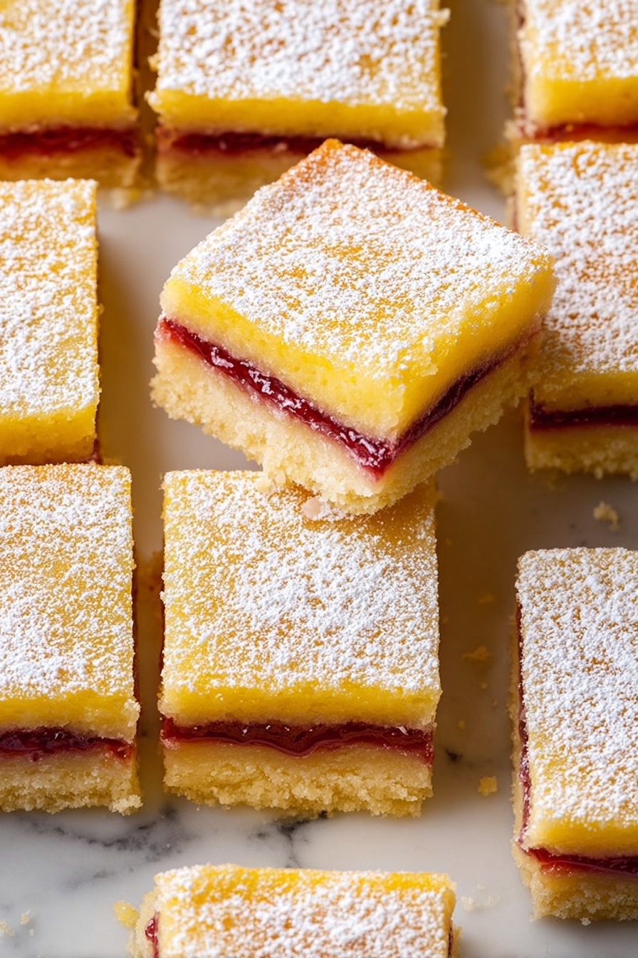 The image shows twelve square lemon bars arranged on a white marbled surface. Each bar has three layers: a light golden-brown crust at the bottom, a thin dark red jam layer in the middle, and a thick bright yellow lemon filling on top. The lemon filling looks smooth and slightly shiny, while the crust appears crumbly and firm. The top of every bar is evenly dusted with a fine white powder, likely powdered sugar. Two bars are tilted to show the clear separation of the jam and lemon layers inside. One woman's hand is placing or holding a bar on the right side. photo taken with an iphone --ar 2:3 --v 7