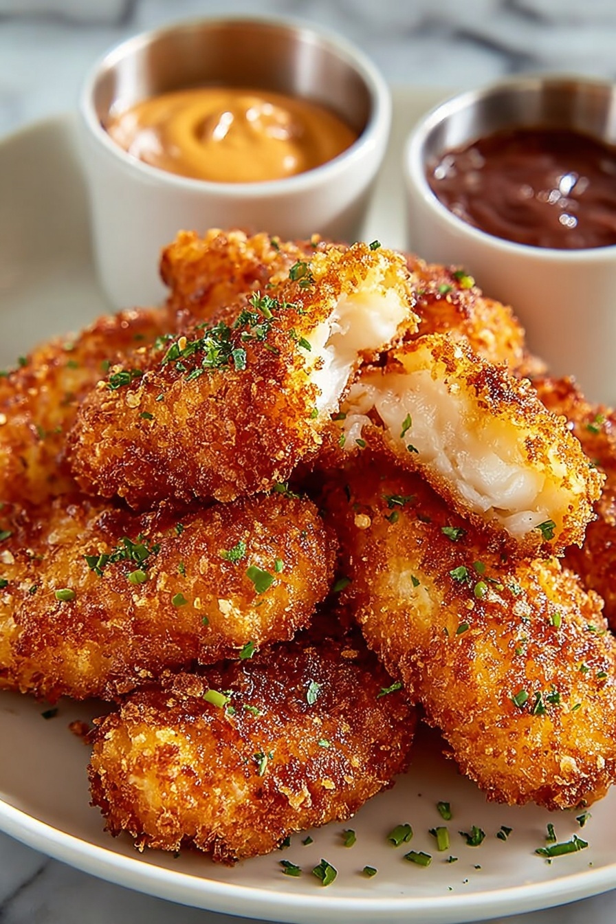 A white plate holds a stack of golden brown fried chicken pieces with a crunchy, textured crust sprinkled with small green chopped herbs. One piece on top is broken open to show the white tender meat inside. Behind the stack, there are two small white metal cups filled with creamy yellow and red dipping sauces. The plate sits on a white marbled surface photo taken with an iphone --ar 2:3 --v 7