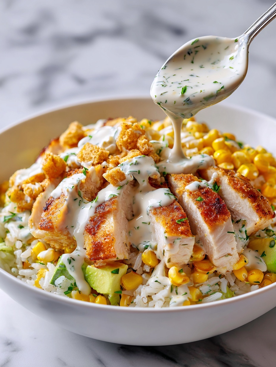 A white bowl filled with a mixed dish that has three main layers: at the bottom is a layer of soft white rice, above it are small golden-yellow corn kernels mixed with chopped green vegetables, and on top are chunks of crispy, browned pieces that look like cooked tofu or patties. The whole dish is covered with a creamy, pale green sauce sprinkled with tiny green herbs, and a woman's hand is holding a spoonful of the mix close to the camera showing all the textures in detail. The bowl is set on a white marbled surface. photo taken with an iphone --ar 2:3 --v 7