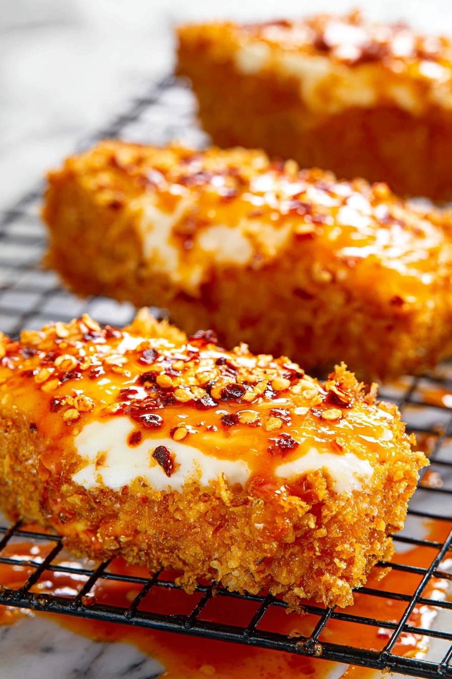 The image shows several pieces of crispy fried food placed on a black cooling rack over a white marbled surface. Each piece has a golden brown textured crust as the first layer, topped with a thick, creamy white spread. On top of the spread, there is a shiny layer of reddish-orange sauce with small bits of chili or spice flakes scattered throughout. The focus is on one piece in the front, making its crunchy texture and layered toppings very clear. photo taken with an iphone --ar 2:3 --v 7