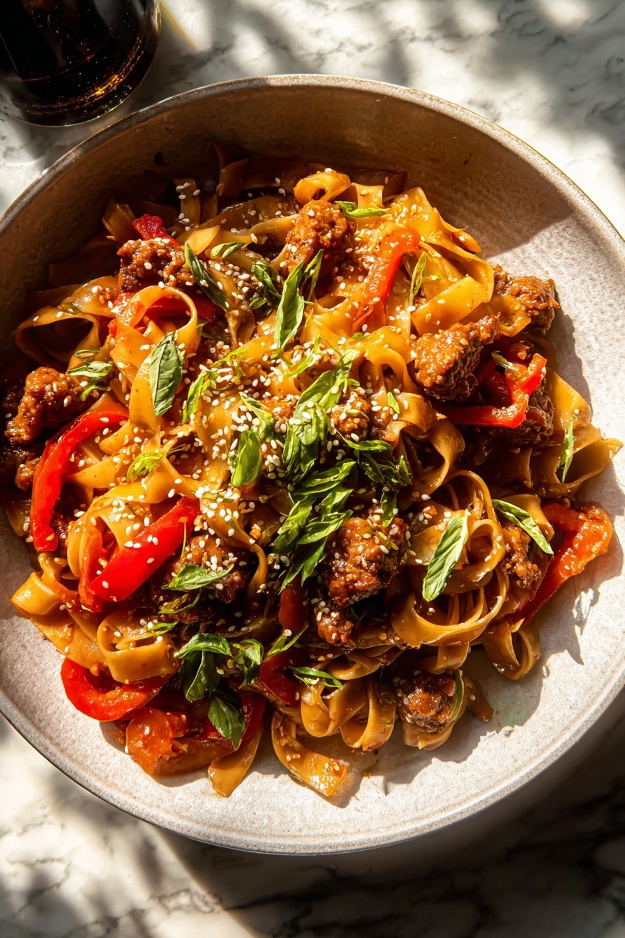 A white bowl filled with wide, flat noodles forming the base layer, mixed with thin strips of red and yellow bell peppers. The top layer consists of golden brown, crispy pieces of fried chicken scattered unevenly, adding texture and color contrast. Green sliced scallions are sprinkled over the dish along with sesame seeds, and fresh green herb leaves add bright green touches on top. The bowl sits on a white marbled surface with natural sunlight casting deep shadows around, highlighting the warm colors of the food. Photo taken with an iphone --ar 2:3 --v 7