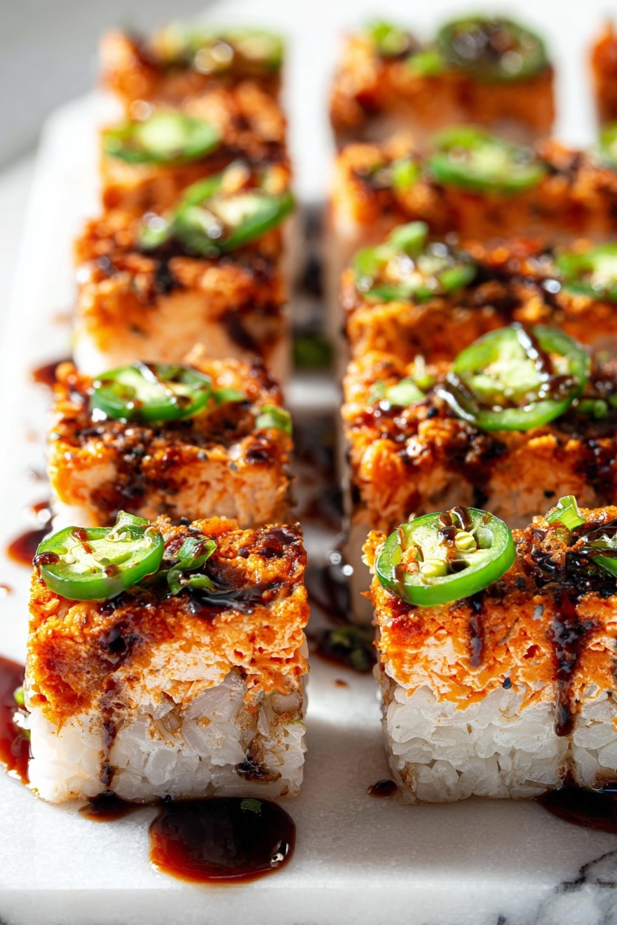 A square slice of sushi cake sits on a white plate with a black dotted border. The bottom layer is white rice, topped with a thin dark seaweed layer, followed by another layer of white rice. The top layer is orange and looks creamy, possibly spicy mayo or fish. On top, bright green sliced scallions and thin dark green seaweed strips are sprinkled with white sesame seeds and a drizzle of dark soy or eel sauce. To the side of the sushi cake slice is a small pile of pale pink pickled ginger. The background surface is a white marbled texture. photo taken with an iphone --ar 2:3 --v 7