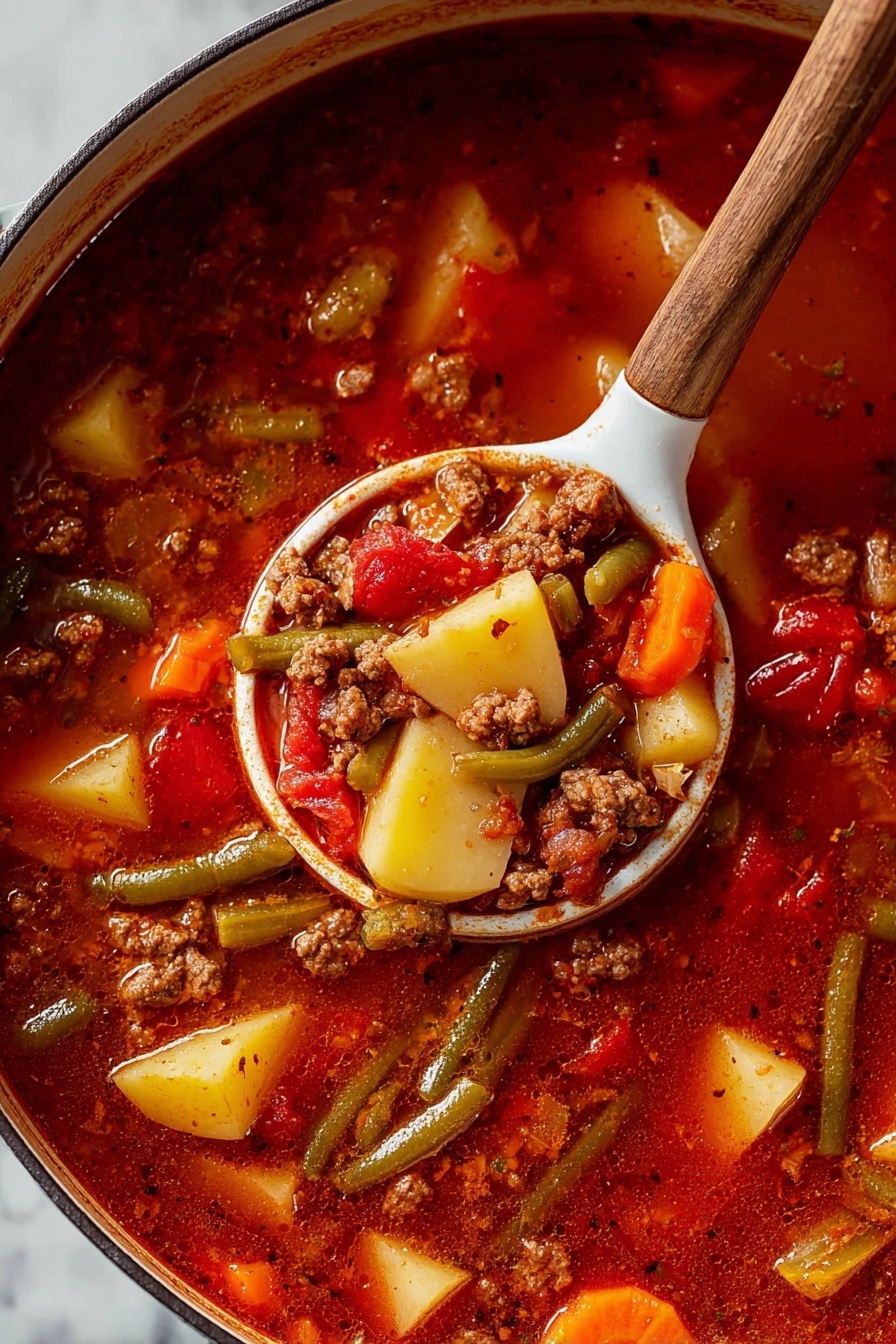 The image shows a close-up of a thick stew with many colorful ingredients. The stew has multiple layers: a rich dark red broth forming the base, chunks of yellow potato pieces and round orange carrot slices, green celery sticks, bright green beans, and small pieces of cooked ground meat spread through the liquid. There are also bits of red bell pepper and yellow corn kernels mixed throughout. A white ladle with a wooden handle lifts some of the stew, showing these ingredients in detail. The background is a white marbled texture. photo taken with an iphone --ar 2:3 --v 7