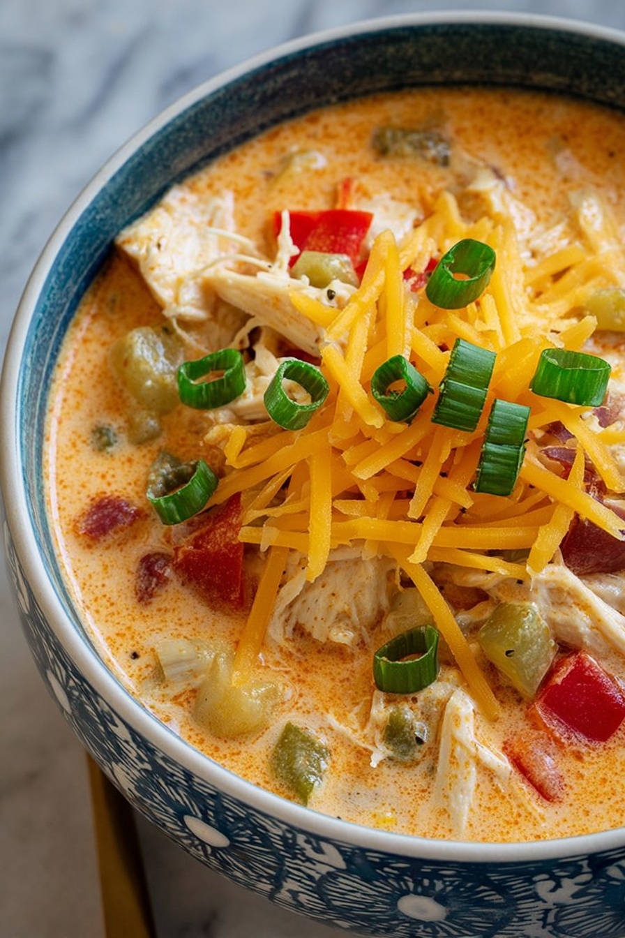 The image shows a close-up of a bowl filled with thick, creamy soup that has a light orange color. The soup contains small chunks of white meat and pieces of red and green vegetables mixed throughout. On top of the soup, there is a generous layer of shredded yellow and white cheese, along with chopped green onions scattered over. The bowl is white with a blue patterned rim and sits on a white marbled surface. The textures include the smooth soup base, the soft meat and vegetables, the firm cheese strands, and fresh green onion rings photo taken with an iphone --ar 2:3 --v 7