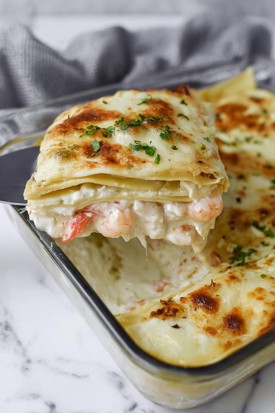 The image shows a glass baking dish filled with creamy white lasagna with visible layers. The top layer is melted cheese browned in spots with some small green herbs scattered. The cut slice being lifted reveals three layers: the top creamy cheese layer, a middle layer with light yellow pasta sheets, and a bottom layer with white creamy sauce mixed with pieces of pink seafood and white chunky bits. The dish is on a white marbled surface, and a silver spatula is holding the lasagna slice. photo taken with an iphone --ar 2:3 --v 7